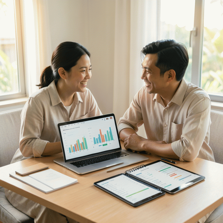 Pasangan pengantin Indonesia yang santai dan bahagia sedang merencanakan pernikahan di meja kerja yang rapi, dihiasi laptop dan planner digital yang menunjukkan manajemen anggaran dan daftar tamu yang terstruktur.