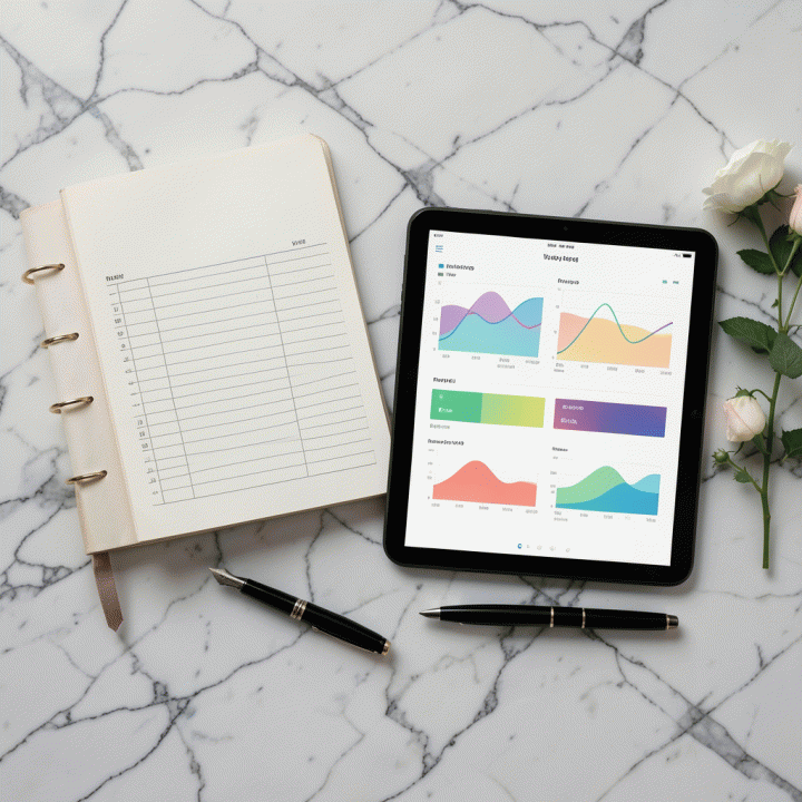 Tampilan datar (flat lay) dari alat-alat perencanaan pernikahan yang terorganisir, termasuk buku anggaran dan tablet yang menampilkan progres manajemen tamu.