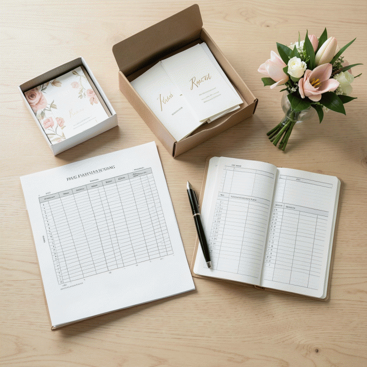 Tata letak datar (flat lay) yang menunjukkan perlengkapan perencanaan pernikahan yang terorganisir, termasuk anggaran, kartu RSVP, dan buku agenda, di atas meja kayu elegan.