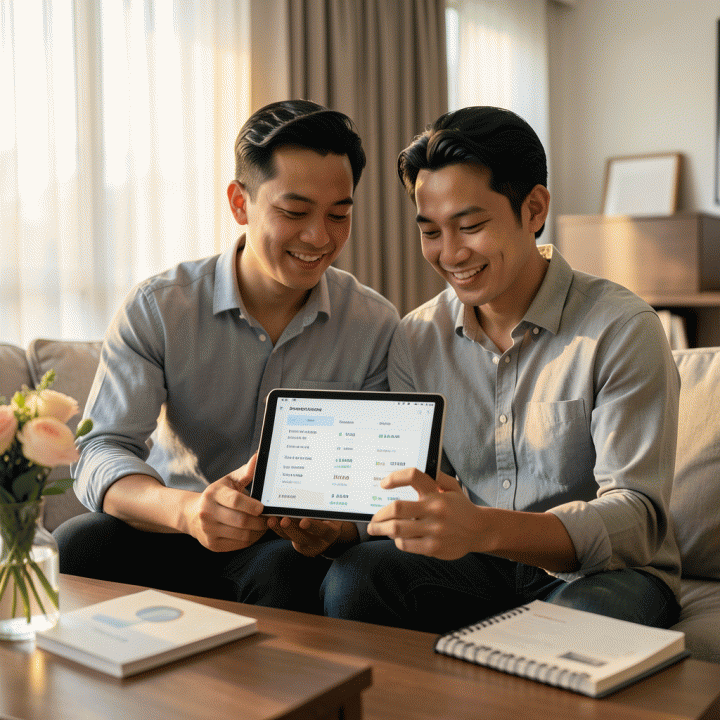 Pasangan pengantin muda yang tampak tenang dan bahagia melihat data pernikahan yang terorganisir di tablet modern, melambangkan perencanaan pernikahan yang bebas stres.