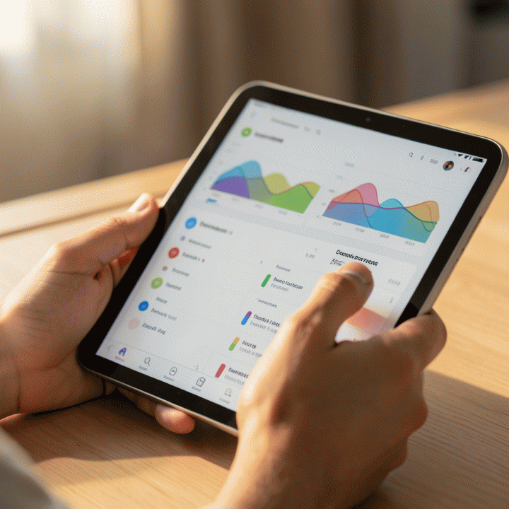 Close-up tangan pasangan yang berinteraksi dengan tablet digital, menampilkan antarmuka yang terorganisir dan abstrak untuk manajemen data tamu.