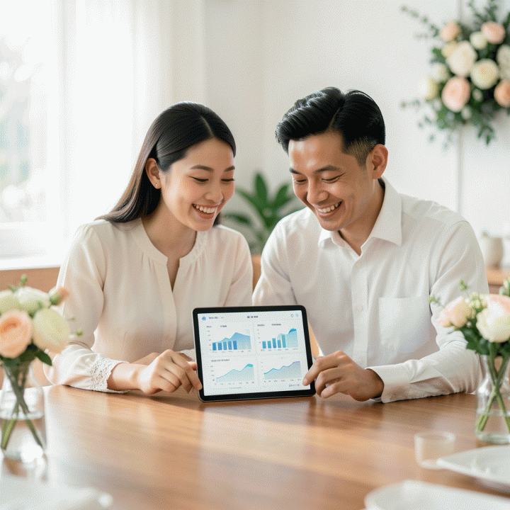 Pasangan pengantin Indonesia yang tersenyum lega sambil meninjau data perencanaan pernikahan yang terorganisir di tablet, melambangkan manajemen anggaran dan data tamu yang mudah.