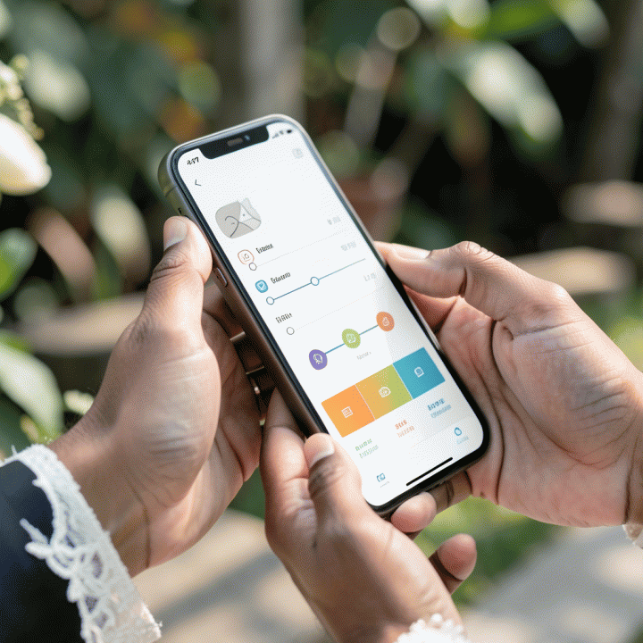 Close-up tangan pasangan yang menggunakan aplikasi perencanaan pernikahan digital yang bersih dan intuitif di smartphone.