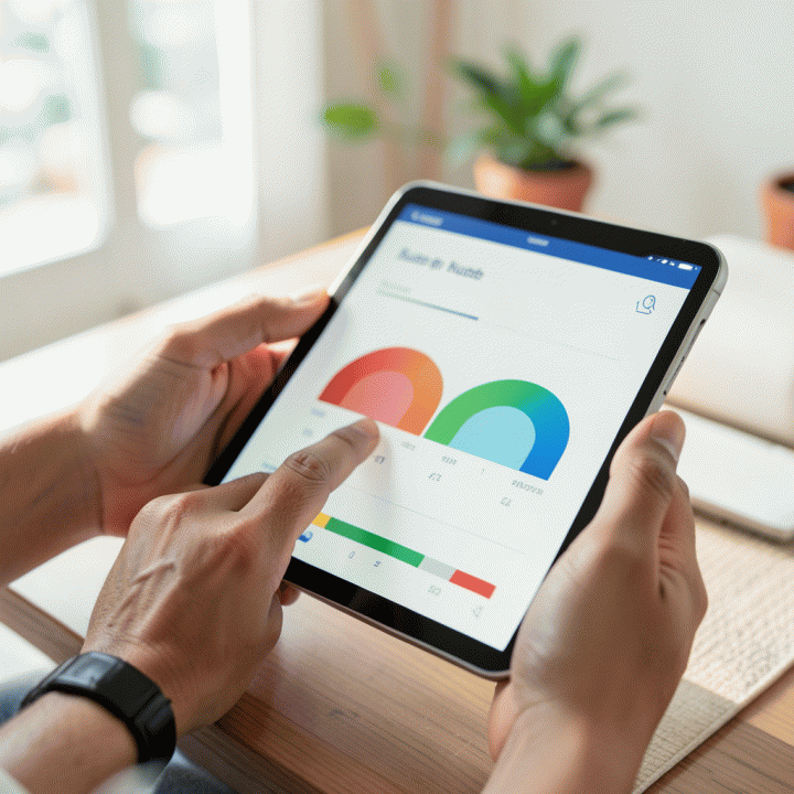 Tangan yang sedang melihat dan mengelola anggaran pernikahan di tablet yang menampilkan visualisasi data yang rapi.