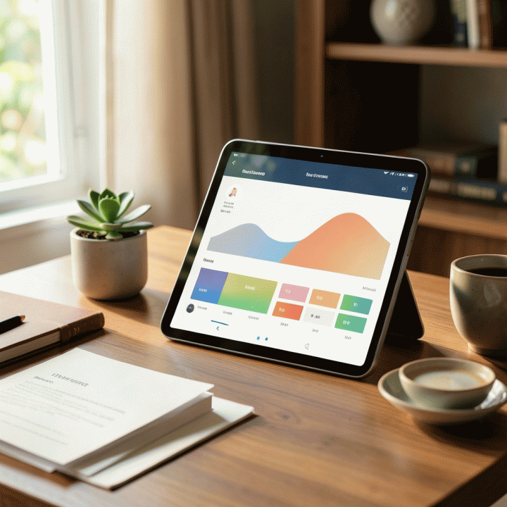 Meja perencanaan pernikahan yang rapi dan modern dengan tablet yang menampilkan antarmuka aplikasi manajemen anggaran dan data tamu yang terorganisir, melambangkan perencanaan pernikahan yang bebas stres.