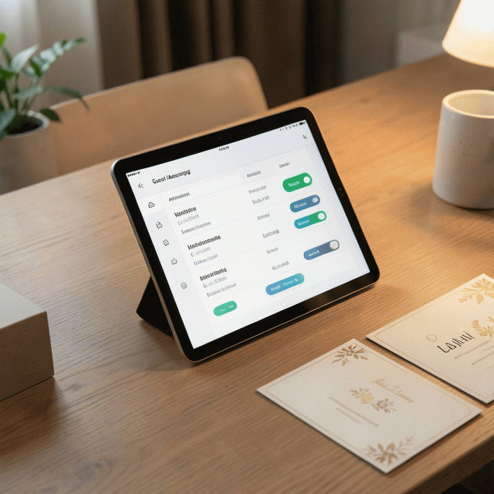 Tablet yang menampilkan daftar tamu yang terorganisir dan terpusat, menunjukkan kemudahan dalam mengelola data RSVP.