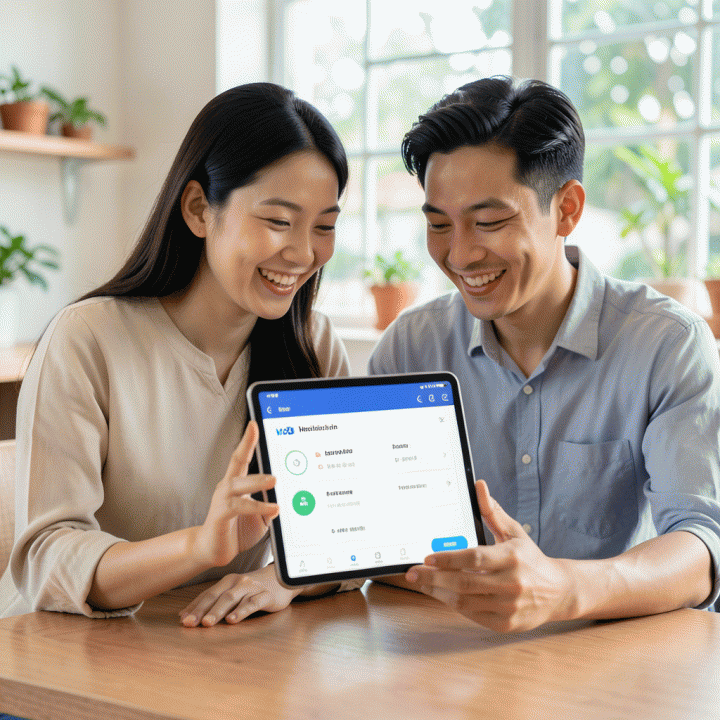 Sepasang pengantin Indonesia yang terlihat santai dan percaya diri saat meninjau tablet perencanaan pernikahan, melambangkan kemudahan dan kontrol atas persiapan.