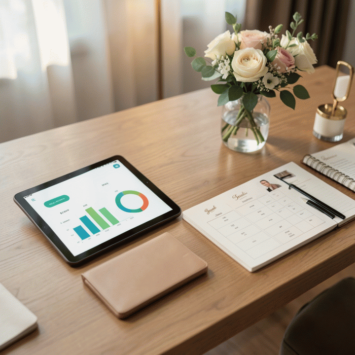 Meja perencanaan pernikahan yang tertata rapi dengan elemen visual yang melambangkan kontrol anggaran dan manajemen daftar tamu, menciptakan suasana tenang dan terorganisir.