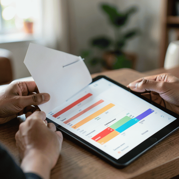 Tangan pasangan yang sedang membandingkan buku catatan anggaran fisik dengan visualisasi data keuangan yang rapi di tablet digital, menunjukkan proses perencanaan yang terstruktur.