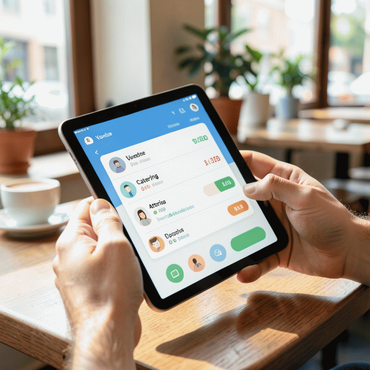 Tangan pasangan berinteraksi dengan tablet yang menampilkan pelacak anggaran pernikahan yang visual dan terstruktur.
