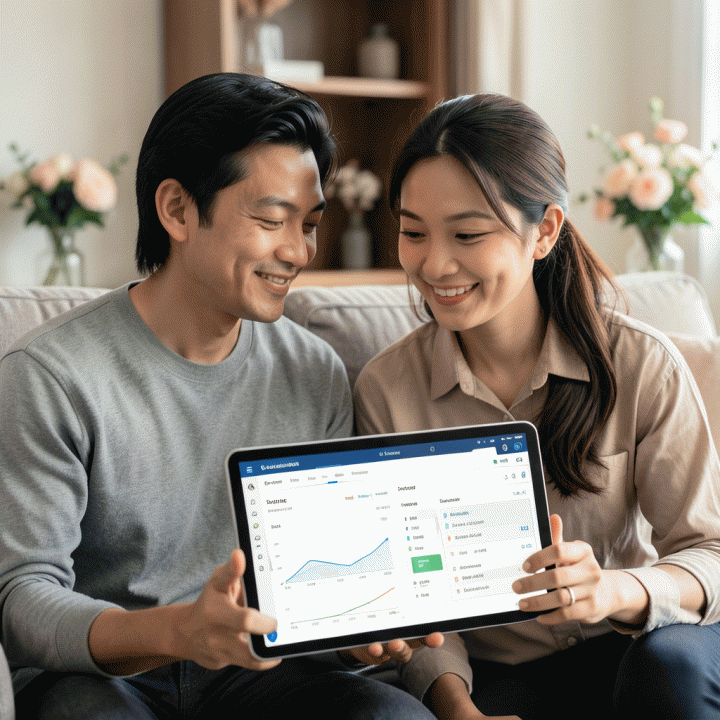 Pasangan pengantin Indonesia melihat dashboard perencanaan pernikahan digital yang rapi dan terorganisir, menunjukkan manajemen anggaran dan data tamu yang mudah.