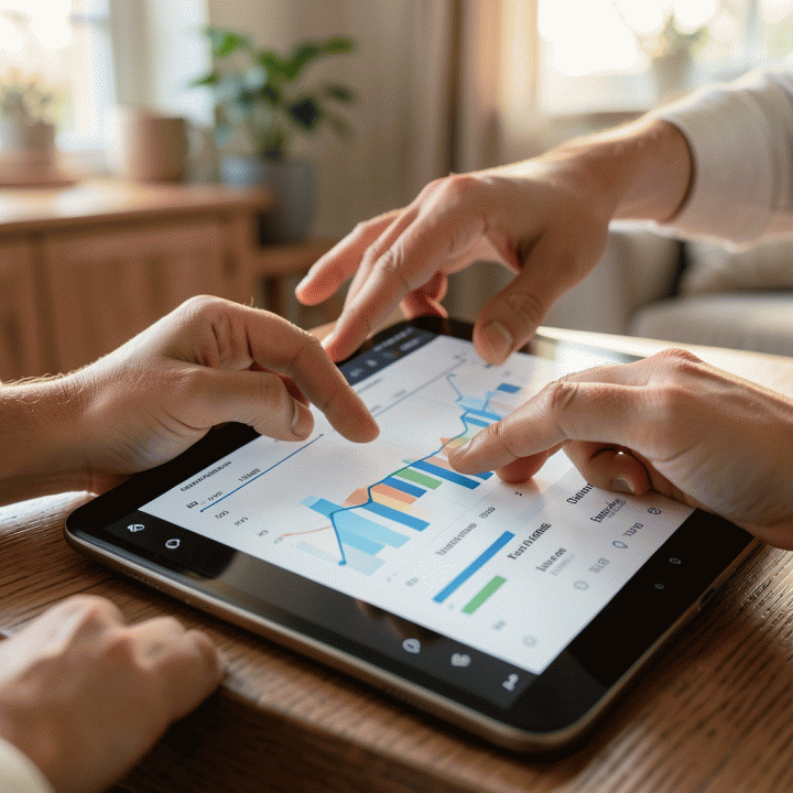 Tangan pasangan berinteraksi dengan antarmuka digital yang menunjukkan pengelolaan anggaran dan data tamu yang terstruktur dan rapi.