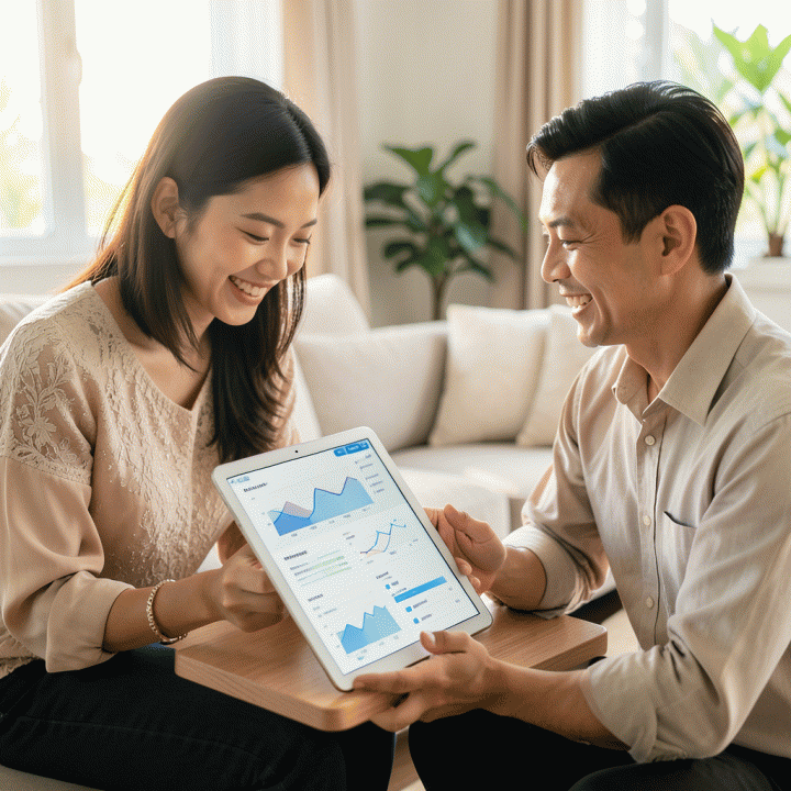Pasangan pengantin muda Indonesia yang bahagia meninjau rencana pernikahan yang terorganisir di tablet, melambangkan manajemen anggaran dan data tamu yang mudah.
