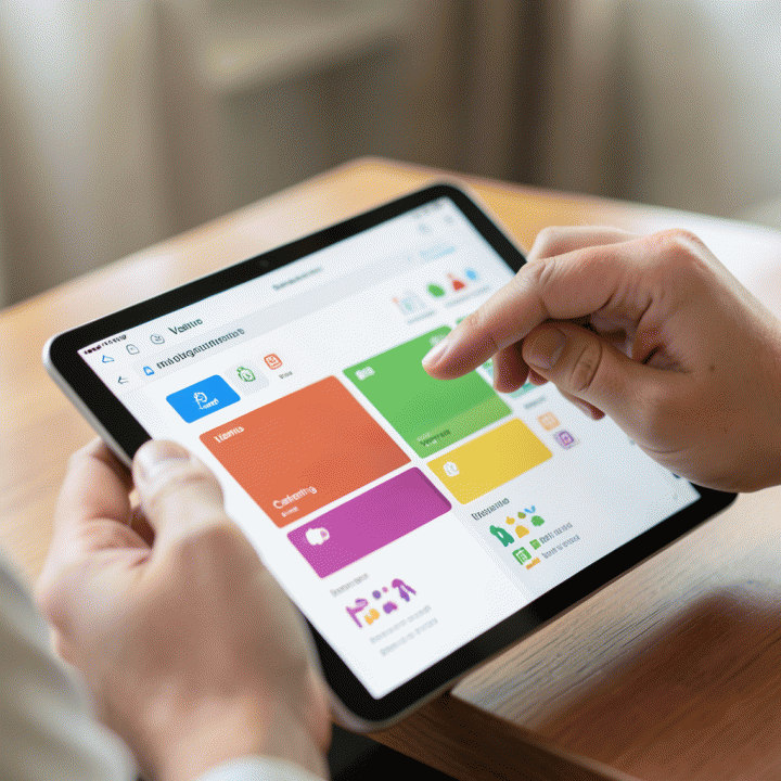 Dua tangan pasangan yang sedang meninjau rencana anggaran pernikahan di tablet digital, menunjukkan visualisasi data yang rapi dan terstruktur tanpa teks.