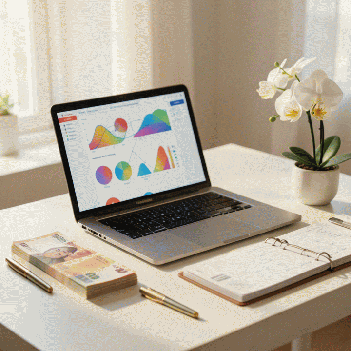 Meja kerja pernikahan yang sangat rapi dan terorganisir, menampilkan laptop dengan visualisasi data abstrak yang menunjukkan perencanaan keuangan dan tamu yang terstruktur, menciptakan suasana tenang dan terkontrol.
