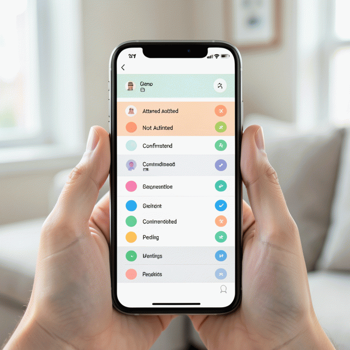 Tampilan abstrak antarmuka manajemen data tamu di smartphone, menunjukkan status kehadiran dan koordinasi yang rapi dan terstruktur.