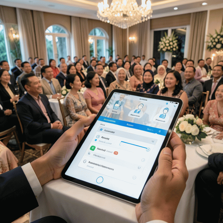 Tampilan digital manajemen daftar tamu pernikahan yang terorganisir, menunjukkan status RSVP dan segmentasi tamu dengan mudah.