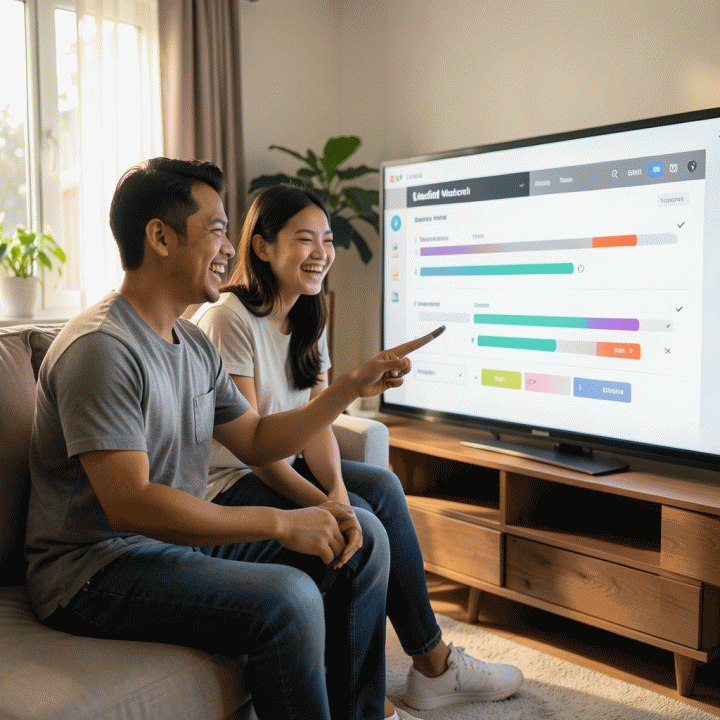 Sepasang pengantin muda Indonesia yang terlihat santai dan percaya diri saat meninjau rencana pernikahan di layar digital, menunjukkan kemudahan perencanaan yang terpusat.