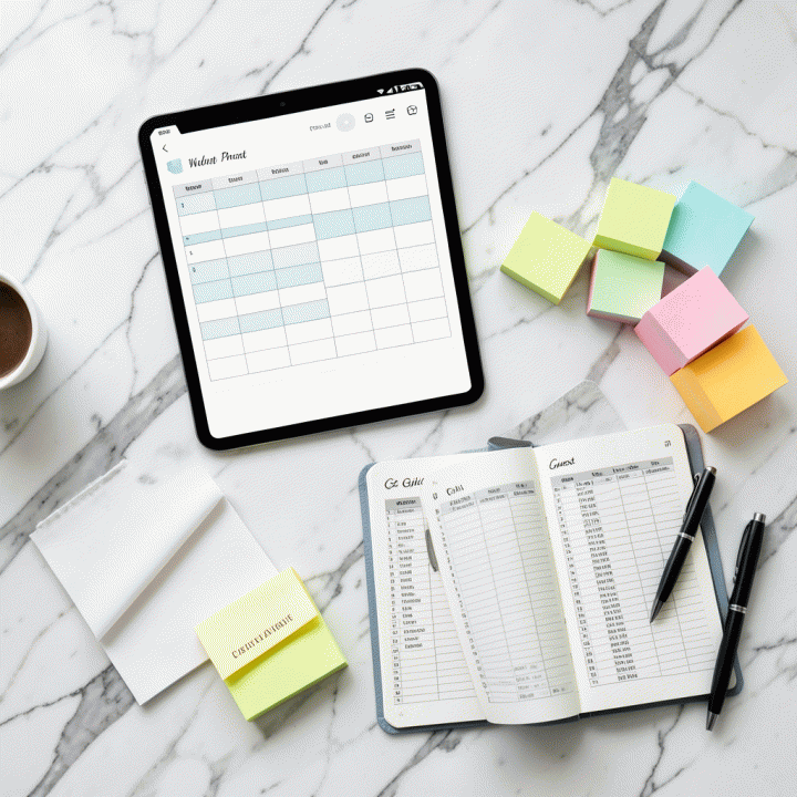 Tampilan atas (flat lay) dari alat perencanaan pernikahan yang terorganisir, termasuk spreadsheet anggaran, buku daftar tamu, dan catatan berwarna, menunjukkan pengelolaan data yang sistematis.