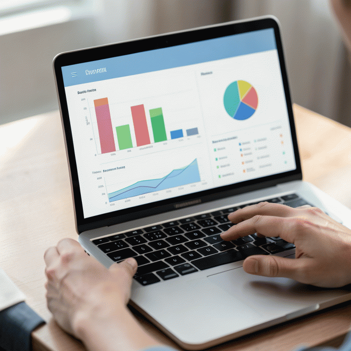Tangan sedang berinteraksi dengan dashboard keuangan di laptop, menunjukkan visualisasi anggaran yang terorganisir dan mudah dipahami.