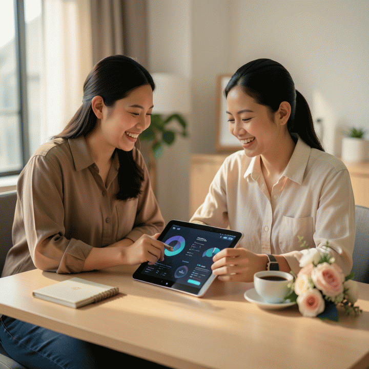 Pasangan pengantin modern yang sedang merencanakan pernikahan dengan tenang di meja kerja yang rapi, menggunakan tablet untuk mengelola anggaran dan data tamu secara terstruktur.