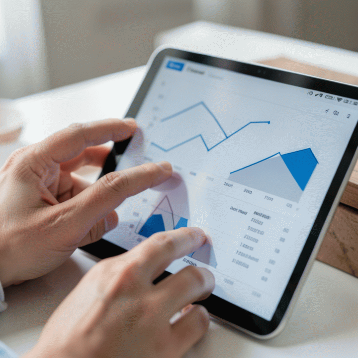 Tangan yang menggunakan aplikasi digital untuk mengelola anggaran dan data tamu pernikahan dengan mudah dan terstruktur.