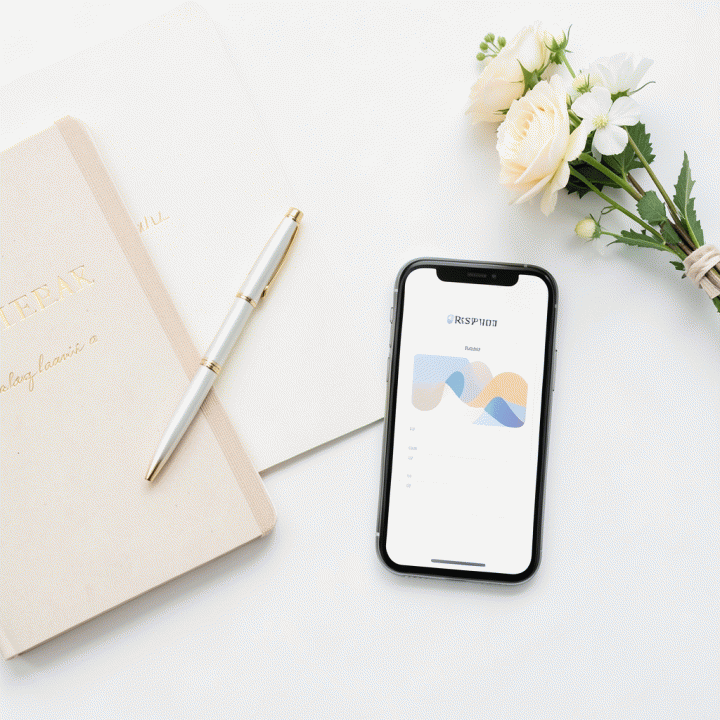 Komposisi flat lay yang rapi berisi alat bantu perencanaan pernikahan, seperti buku catatan dan ponsel dengan tampilan pelacak tamu yang terstruktur.