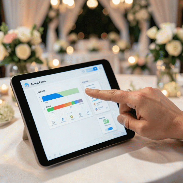 Tangan menunjuk ke dashboard digital yang abstrak di tablet, menunjukkan manajemen anggaran dan data tamu yang terorganisir.