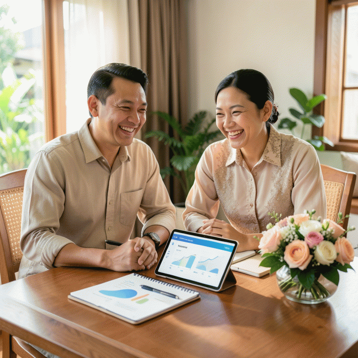 Pasangan pengantin Indonesia yang bahagia dan santai saat merencanakan pernikahan di meja yang rapi, dengan tablet yang menampilkan dashboard anggaran yang terorganisir.