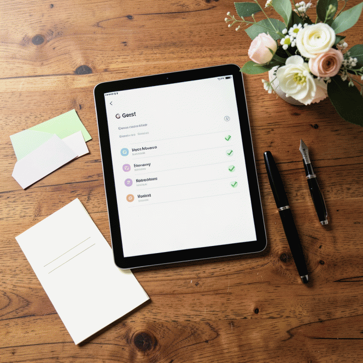 Tampilan atas (flat lay) yang menunjukkan tablet dengan daftar tamu digital yang rapi, dikelilingi oleh alat perencanaan pernikahan lainnya.
