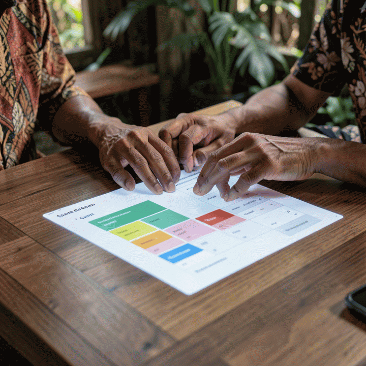 Dua tangan yang bekerja sama di atas antarmuka digital yang menampilkan pelacakan anggaran dan daftar tamu yang terstruktur, melambangkan perencanaan keuangan pernikahan yang terorganisir.