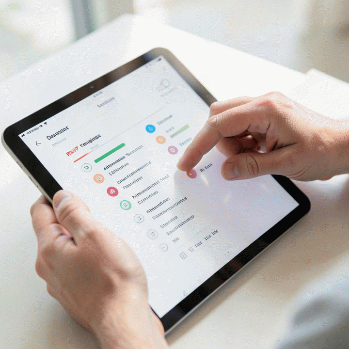 Tangan yang sedang mengelola daftar tamu digital pada tablet, menunjukkan proses RSVP dan pelacakan kehadiran yang efisien.