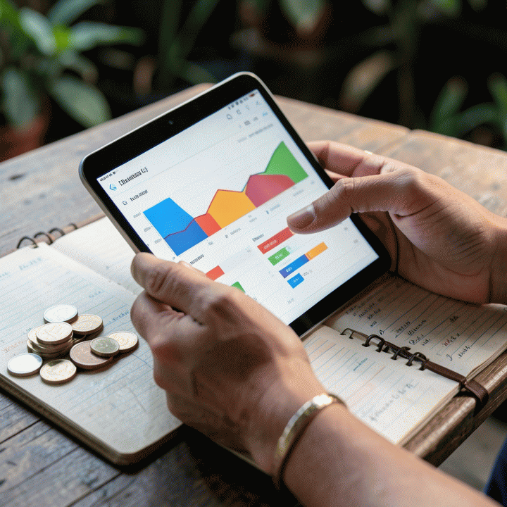 Tangan yang sedang melacak anggaran pernikahan menggunakan tablet, menunjukkan antarmuka yang terorganisir dan visualisasi data yang mudah dipahami.
