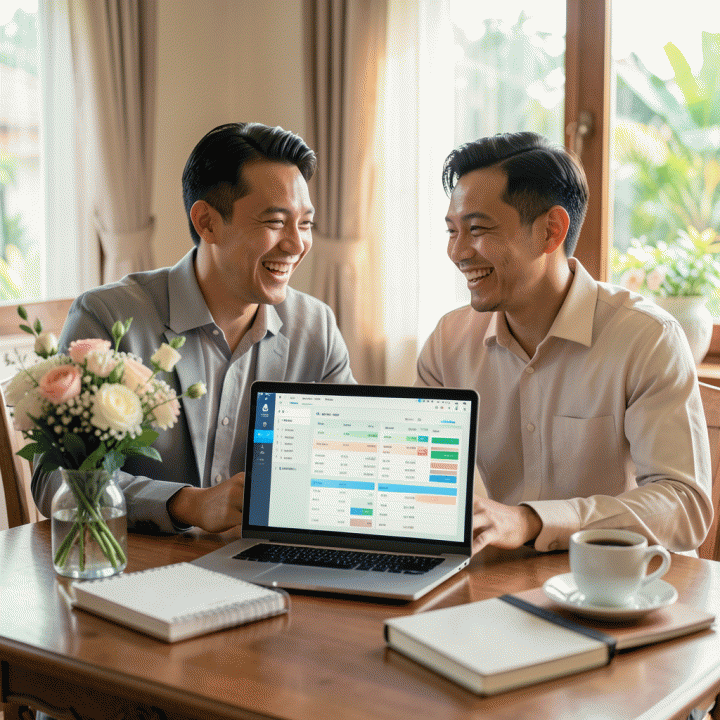 Sepasang pengantin Indonesia yang tersenyum di meja kerja yang rapi, dikelilingi oleh elemen perencanaan pernikahan yang terorganisir, melambangkan manajemen anggaran dan data tamu yang bebas stres.