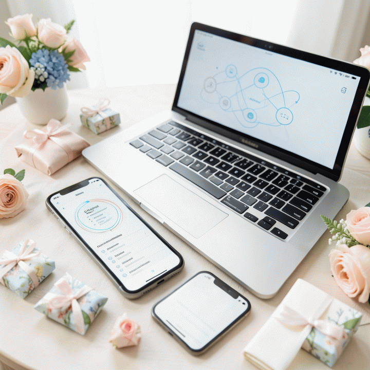 Perangkat teknologi yang menampilkan visualisasi data tamu yang terpusat, menunjukkan kemudahan manajemen RSVP dan data tamu.
