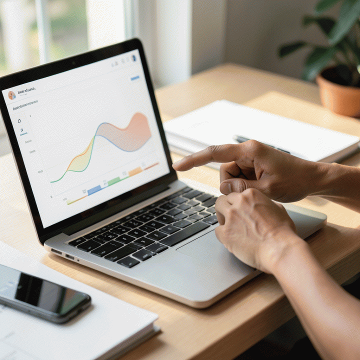 Tangan yang sedang menunjuk ke grafik anggaran yang rapi di layar laptop, menunjukkan kontrol finansial dalam perencanaan pernikahan.