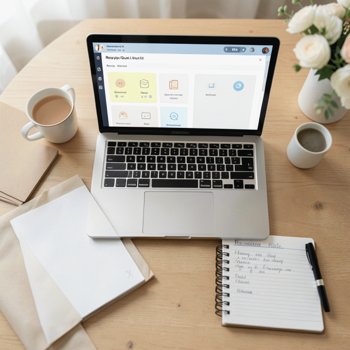 Tampilan atas (flat lay) yang menunjukkan koordinasi data tamu dan perencanaan pernikahan yang terstruktur, menggabungkan alat digital dan fisik.