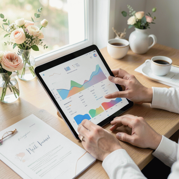 Ilustrasi fotorealistik dan sinematik tentang perencanaan pernikahan yang terorganisir, menunjukkan tangan yang sedang menata planner atau tablet yang menampilkan visualisasi data anggaran dan daftar tamu yang rapi, menciptakan suasana tenang dan terkontrol.