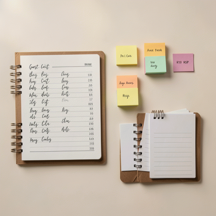 Tampilan atas (flat lay) yang menampilkan elemen-elemen perencanaan pernikahan yang terorganisir, termasuk daftar tamu, kartu RSVP, dan planner, menonjolkan manajemen data yang rapi.