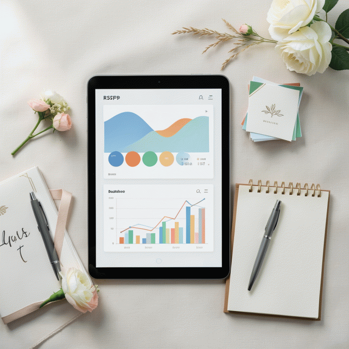 Tampilan atas meja perencanaan yang menunjukkan alat bantu digital (tablet) dengan pelacakan anggaran visual yang rapi, serta kartu RSVP, melambangkan manajemen data tamu dan keuangan yang terpusat.