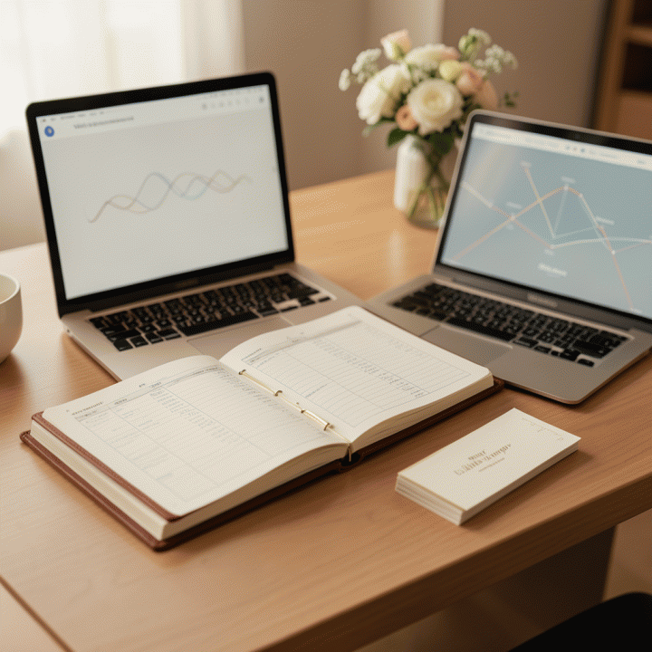 Meja perencanaan pernikahan yang rapi dan elegan, menampilkan buku catatan anggaran terstruktur, kartu nama tamu, dan laptop dengan antarmuka perencanaan yang bersih, melambangkan pengelolaan pernikahan yang teratur dan tanpa stres.