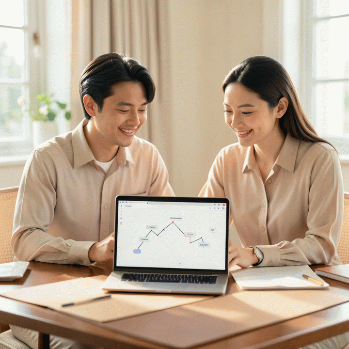 Sepasang calon pengantin yang terlihat tenang dan terkoordinasi saat meninjau jadwal pernikahan di laptop, menunjukkan proses perencanaan yang mudah dan bebas stres.