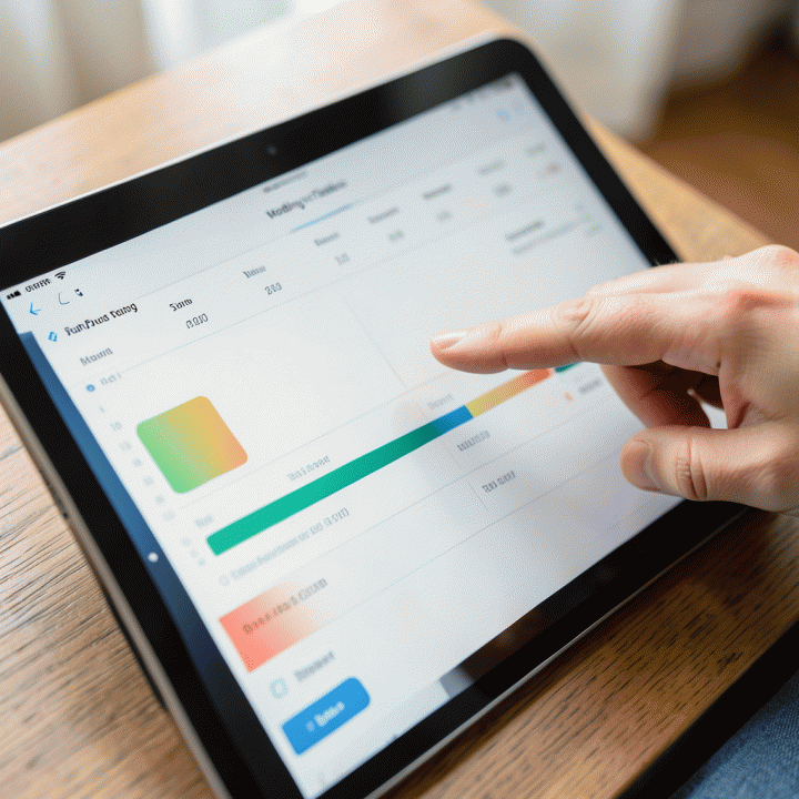 Tampilan close-up tablet yang menunjukkan antarmuka pelacakan anggaran pernikahan yang bersih dan terstruktur, menunjukkan kontrol finansial yang mudah.