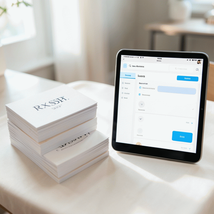 Tumpukan kartu RSVP yang rapi di samping tablet yang menampilkan antarmuka manajemen data tamu yang sederhana dan terorganisir.