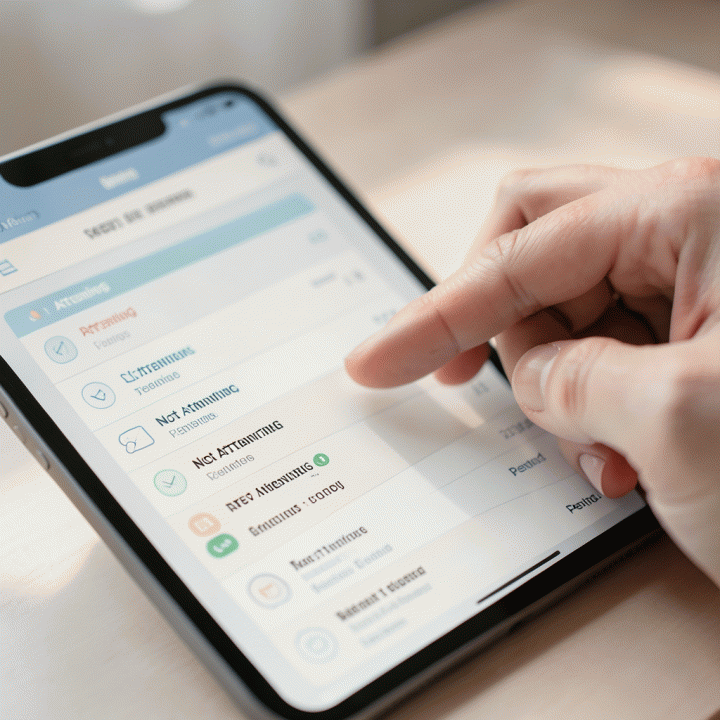 Tangan seseorang sedang menggunakan tablet untuk melacak daftar tamu dan status RSVP dengan antarmuka yang bersih dan intuitif.