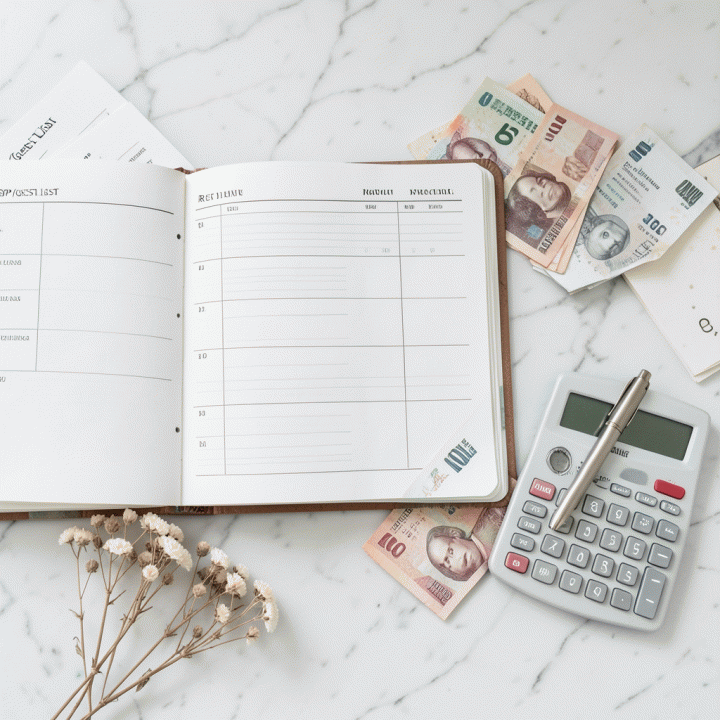 Tampilan datar alat perencanaan pernikahan di atas marmer putih yang berisi buku agenda, kartu tamu RSVP, uang receh rupiah, dan bunga-bunga kering yang tersusun rapi, menunjukkan manajemen budget dan data.