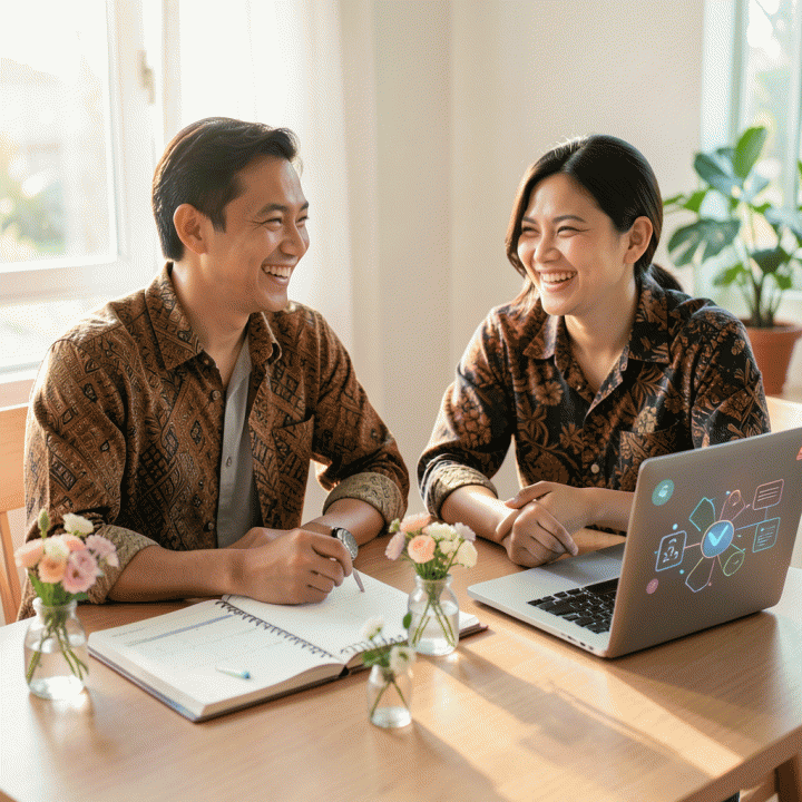 Pasangan pengantin Indonesia yang tampak tenang dan bahagia saat merencanakan pernikahan di meja kayu yang rapi, menampilkan suasana perencanaan yang terorganisir dengan alat bantu visualisasi jadwal.