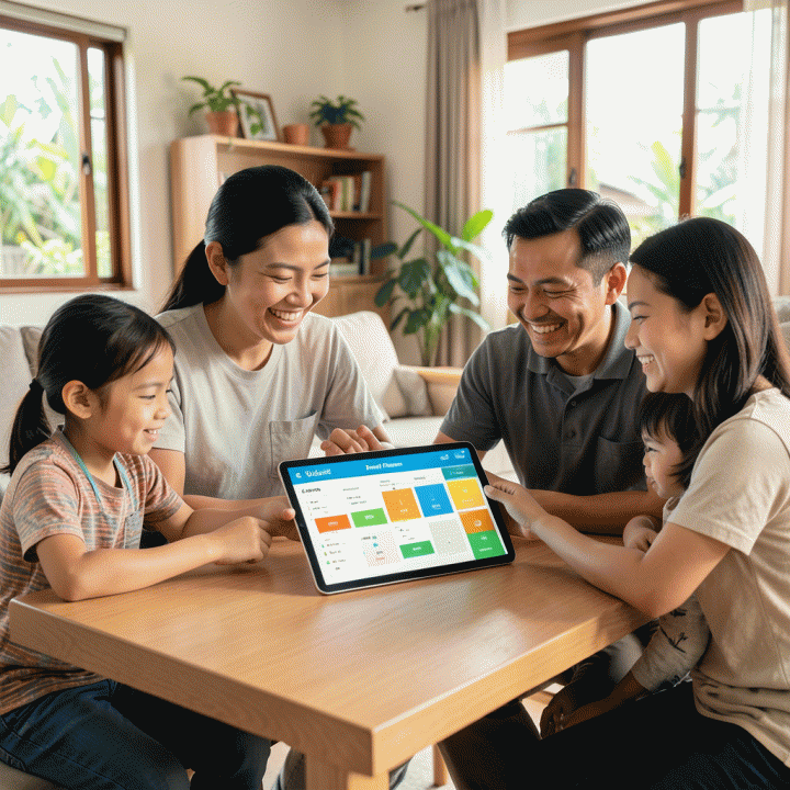 Keluarga modern Indonesia yang bahagia dan santai sedang meninjau anggaran keuangan keluarga di tablet digital di rumah yang terang, melambangkan perencanaan keuangan yang terstruktur dan damai.