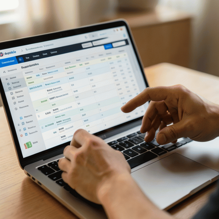 Close-up tangan yang memasukkan data anggaran keluarga ke spreadsheet digital di laptop, menunjukkan proses manajemen keuangan yang terstruktur.