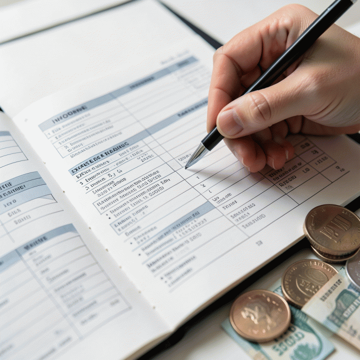 Tangan seseorang yang sedang mencatat pelacakan pengeluaran harian di buku perencanaan keuangan yang rapi, menunjukkan proses budgeting yang terstruktur.